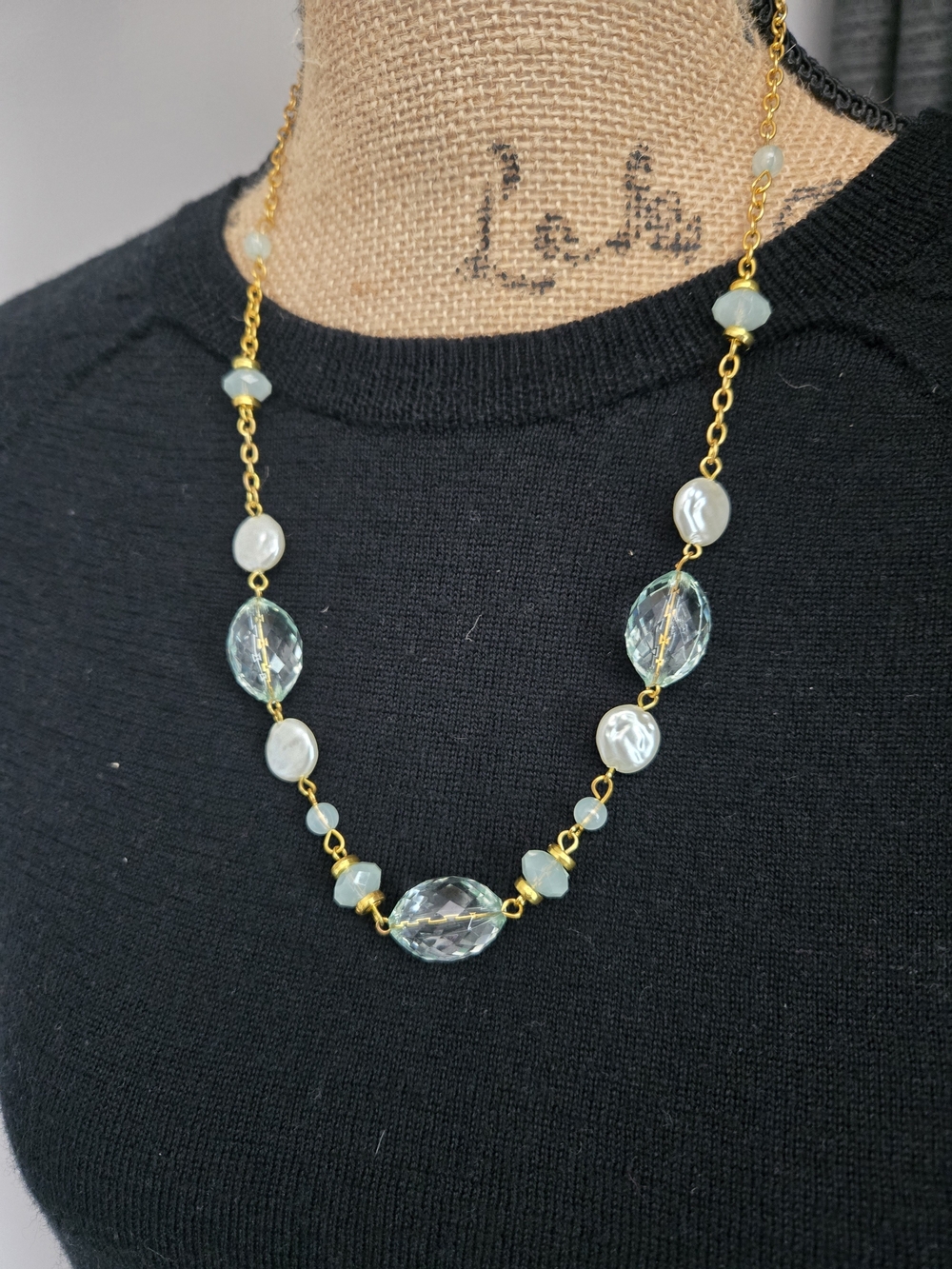 Gold Chain Necklace with Pale Aqua Beads